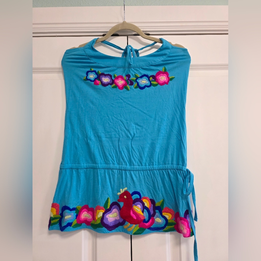 Sweetees Turquoise Embroidered Halter Top Size Large Hippie BOHO Vibe
